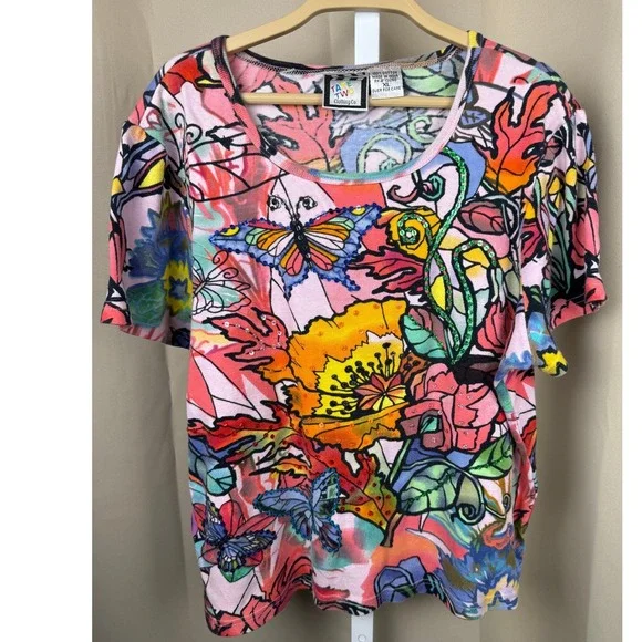 Y2K Take Two Clothing Co Embellished Floral Butterfly Top XL Colorful Beaded Tee - Picture 1 of 7